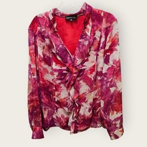 Jones New York Woman Pink Floral Ruffle V-Neck Blouse Lined Plus Size 16W